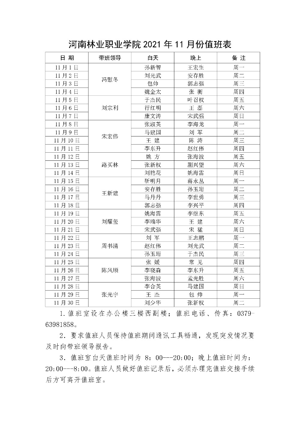 河南林业职业学院2021年11月份值班表